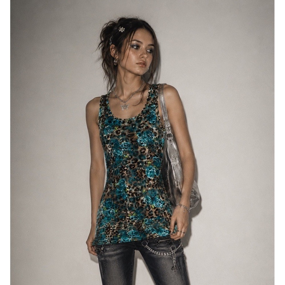 Almost Famous Y2K Sheer Lace Tank Top Large Blue Floral Leopard Print 2000s